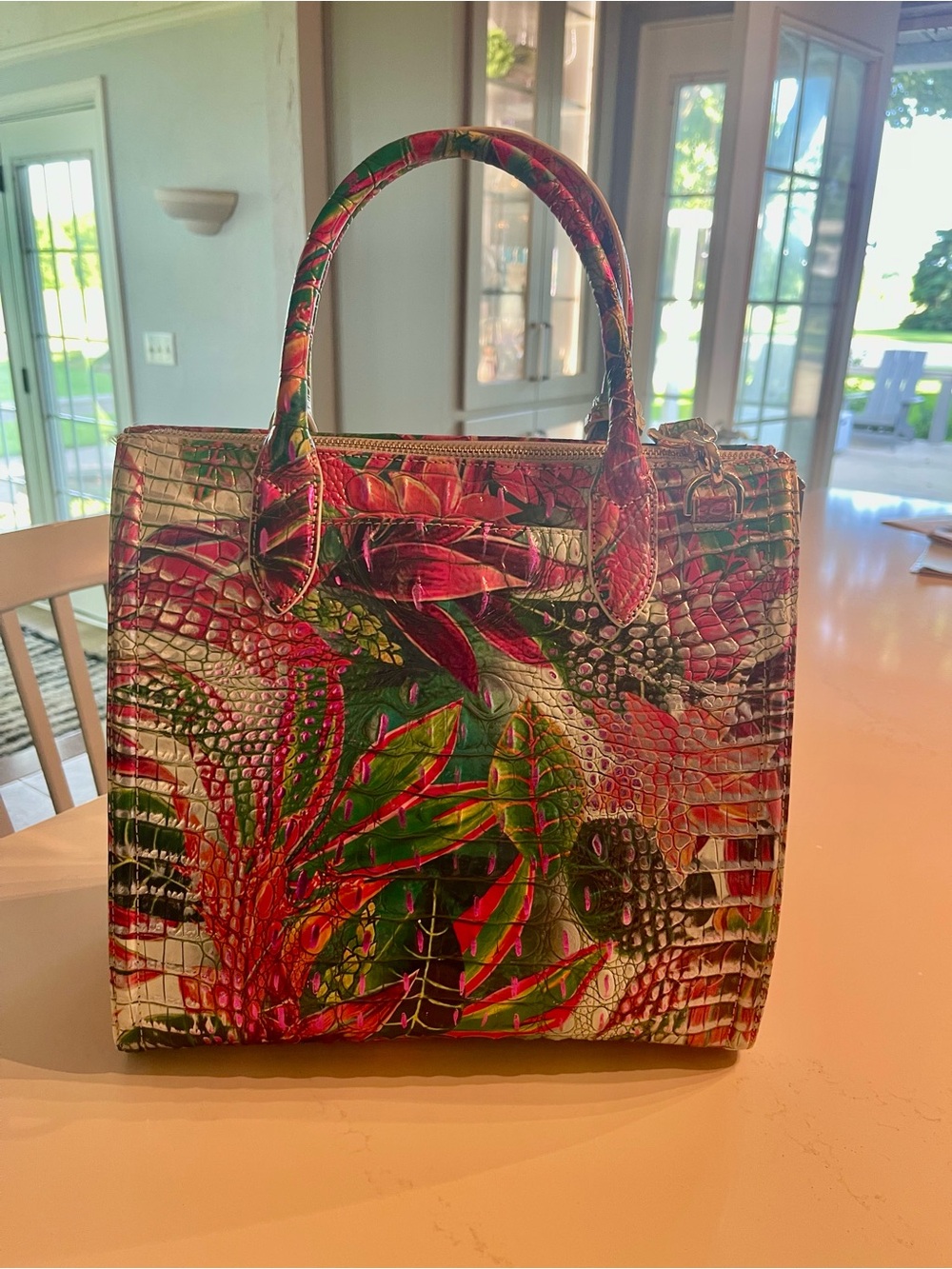 Brahmin Croc-Embossed Tropical Print Satchel - Pink, Green, Red